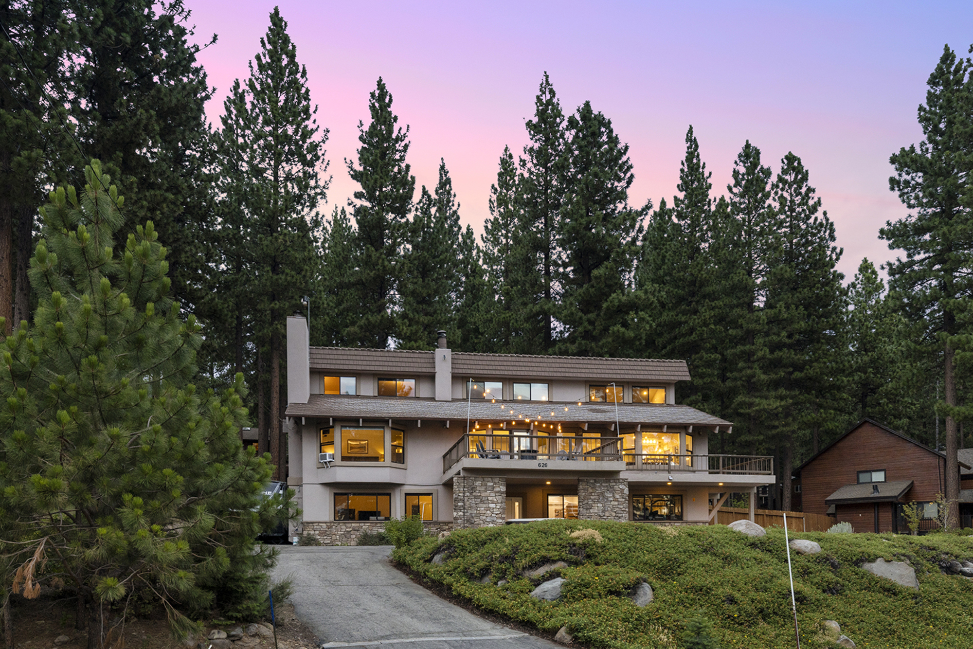 Kinpine House full exterior at dusk, Lake Tahoe mansion