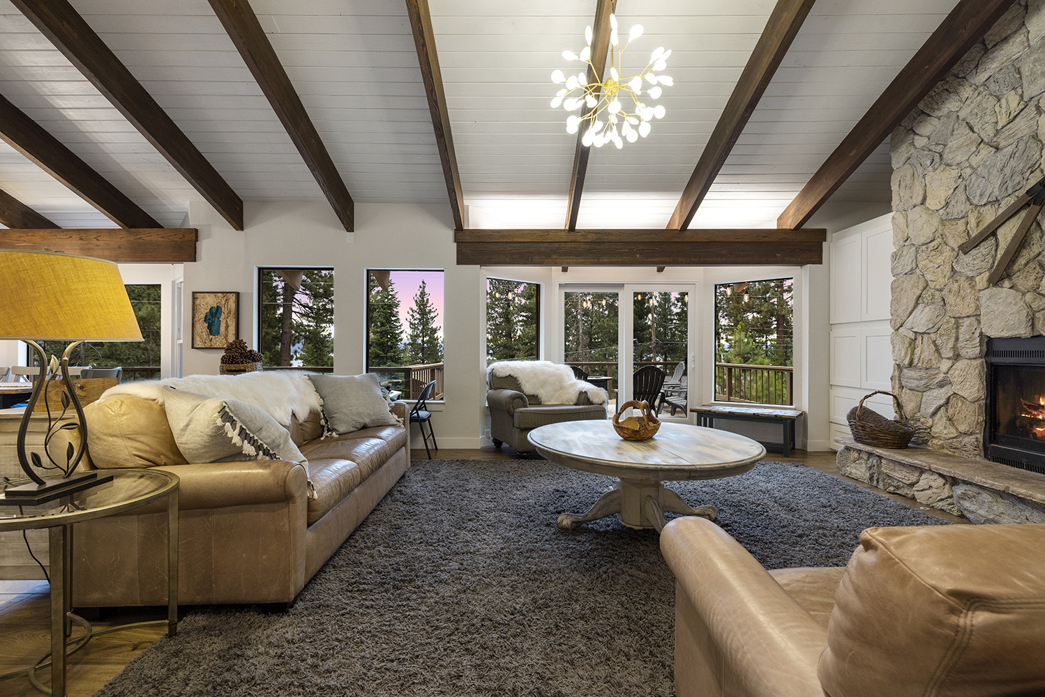 Lake view living room at golden hour
